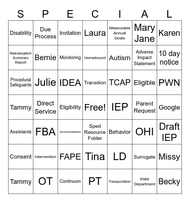 SPED Bingo Card