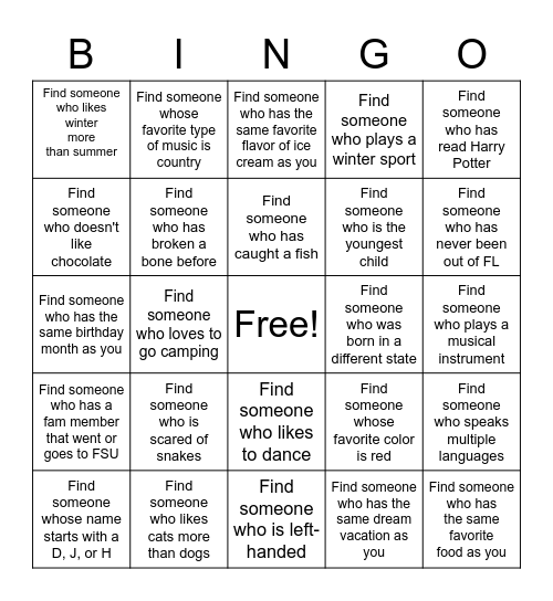 Get to Know Each Other Bingo Card