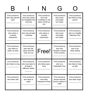Find a Friend Bingo Card