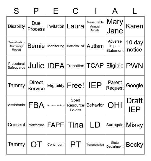 SPED Bingo Card