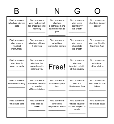 Find a Friend Bingo Card