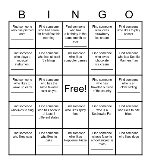 Find a Friend Bingo Card