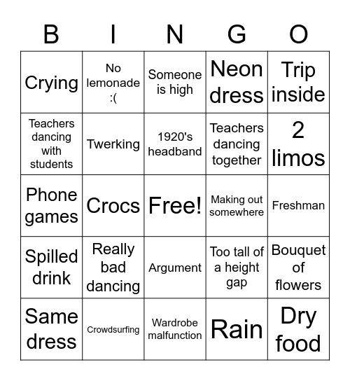 Senior Prom Bingo Card