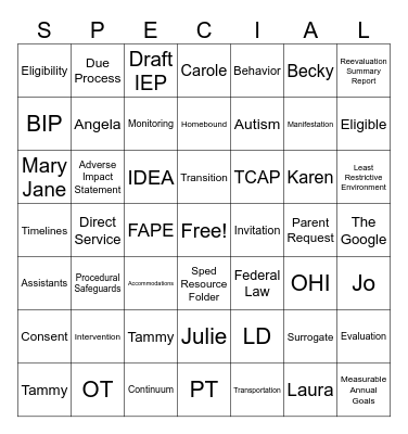 SPED Bingo Card