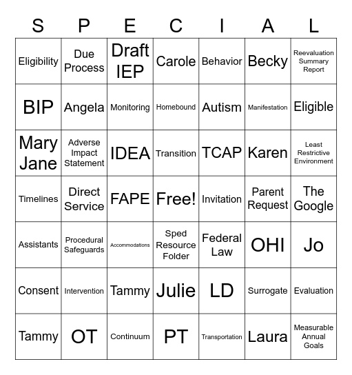 SPED Bingo Card