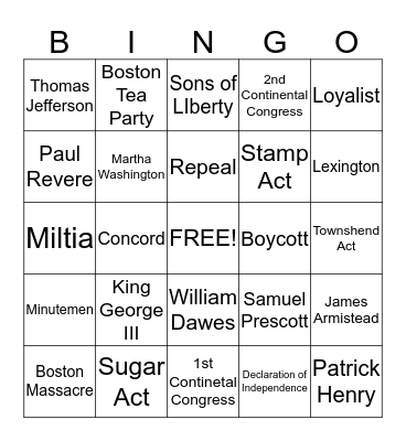 Revolutionary War Bingo Card