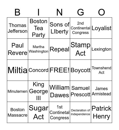 Revolutionary War Bingo Card