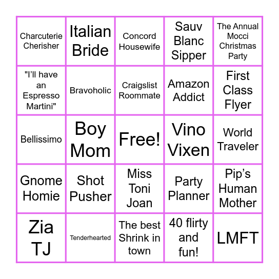 TJ's 40th Birthday Bingo Card