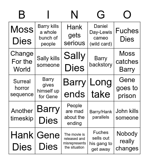 Barry Finale Bingo Card