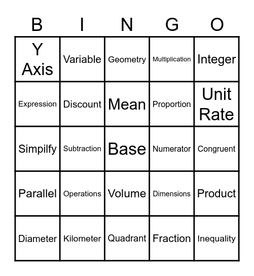 Math A-Z Bingo Card