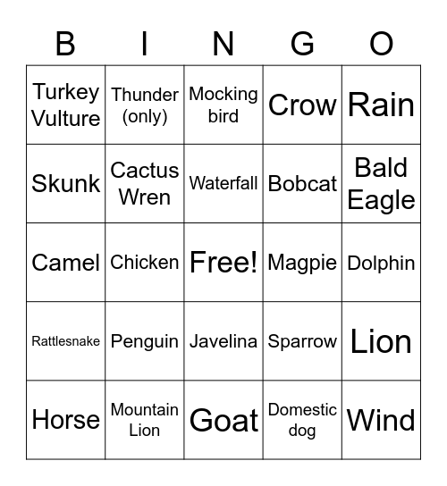 Nature Sounds Bingo Card