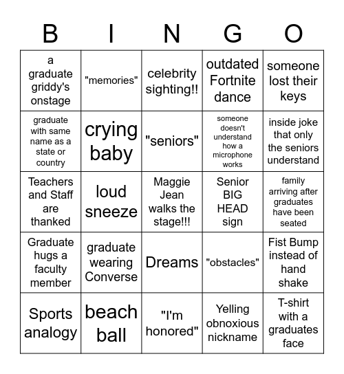 Maggie's Graduation Bingo Card