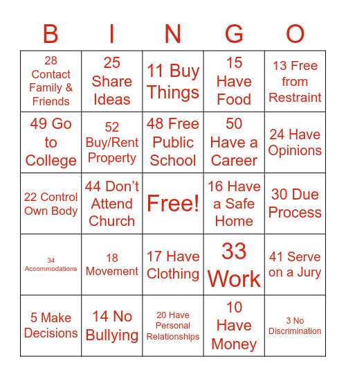 Right's Bingo Card