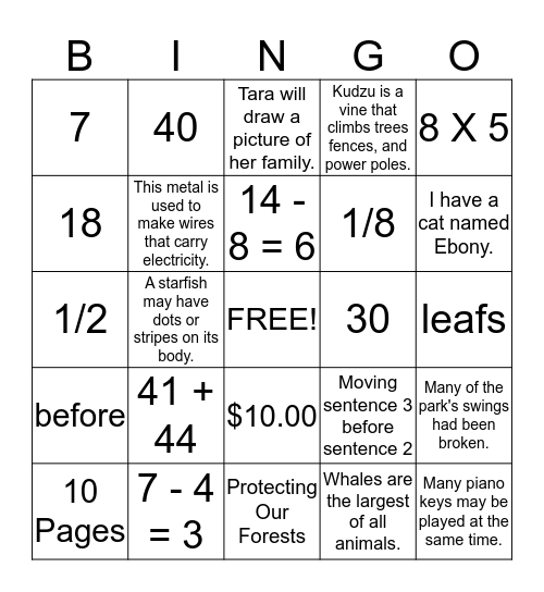 Second Grade Common Assessment Practice Bingo Card