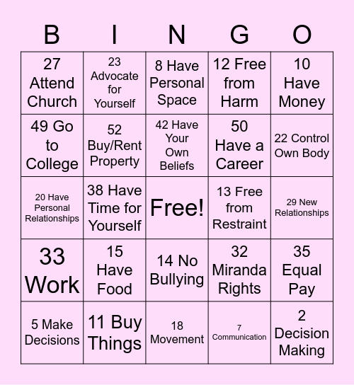 Right's Bingo Card