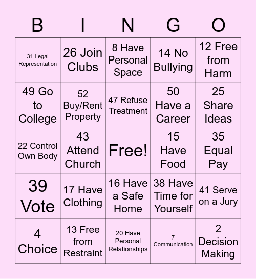 Right's Bingo Card