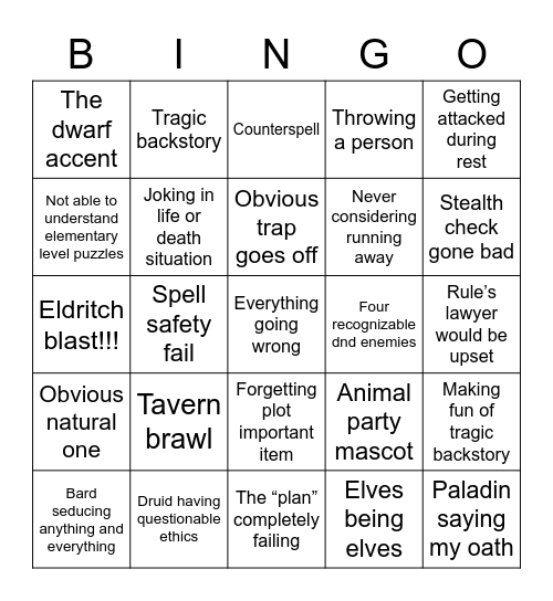 D&D Movie Bingo Card