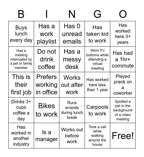 Work Edition Bingo Card