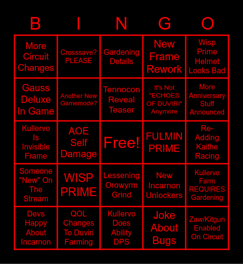 May 2023 Warframe Dev-Stream Bingo Card