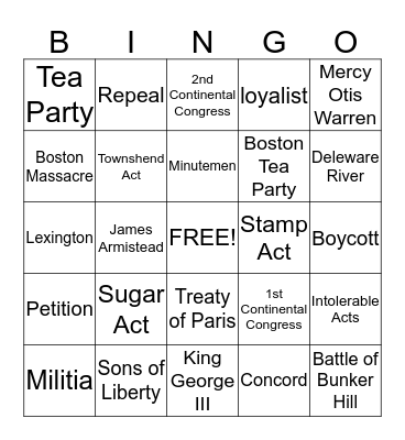 Revolutionary War Bingo Card