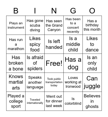 ISHINE Icebreaker Bingo Card