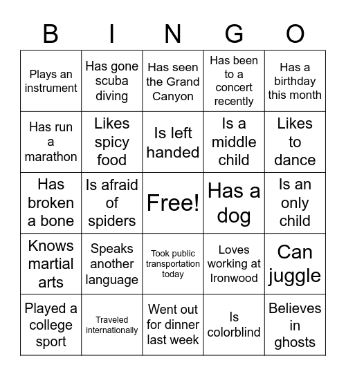 ISHINE Icebreaker Bingo Card