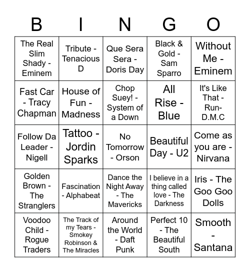 Musical Bingo Card