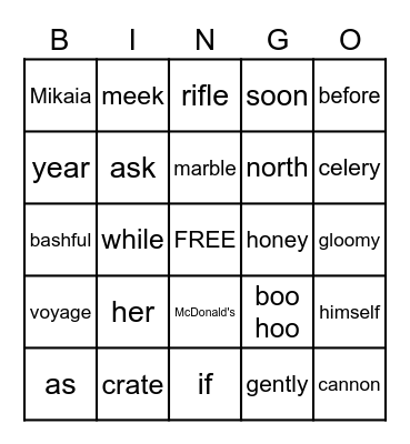 UA 4th Grade PARTS OF SPEECH Bingo Card