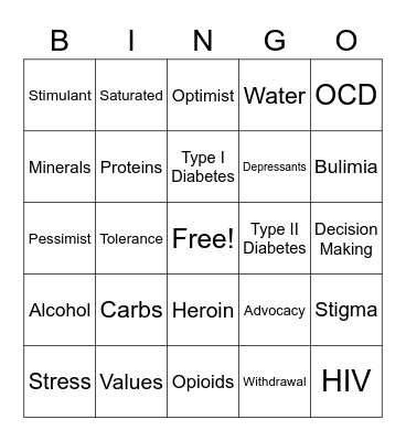 HS Health Education Bingo Card