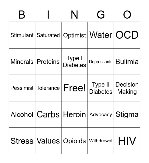 HS Health Education Bingo Card