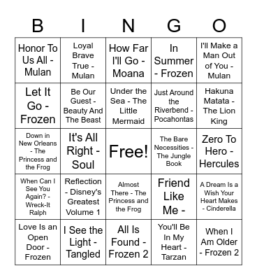 Disney Music Bingo Card