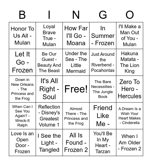 Disney Music Bingo Card