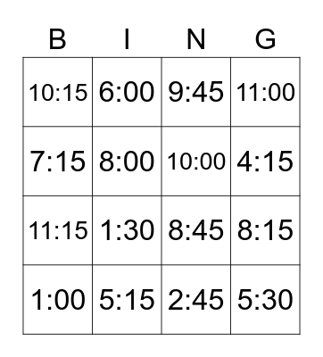 Telling the time Bingo Card