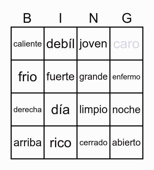 antónimos Bingo Card