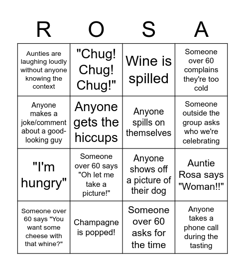 Rosa's 60th Birthday Bingo Card