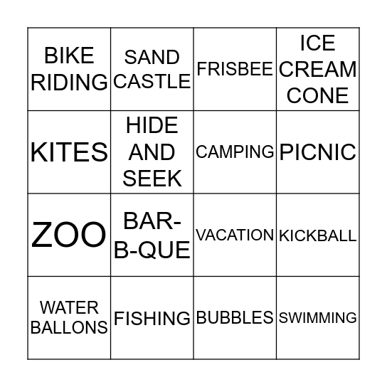 SUMMER FUN BINGO Card