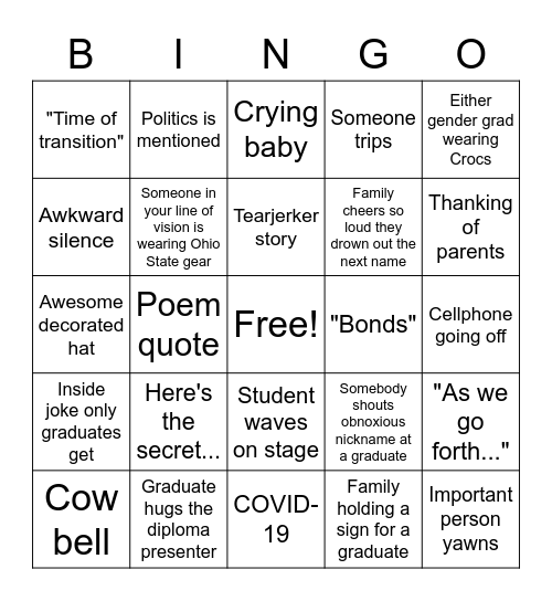 Graduation Bingo Card