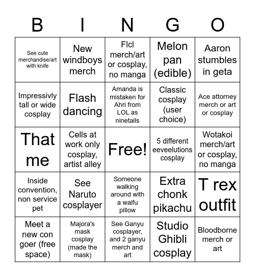 Animazement 2023 Bingo Card