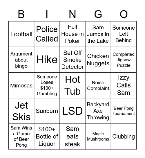 Sam's Bachelor Party Bingo Card