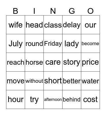 Spelling Lesson 18 Bingo Card