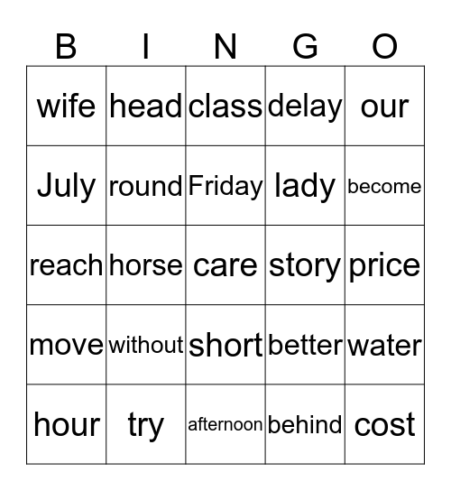 Spelling Lesson 18 Bingo Card