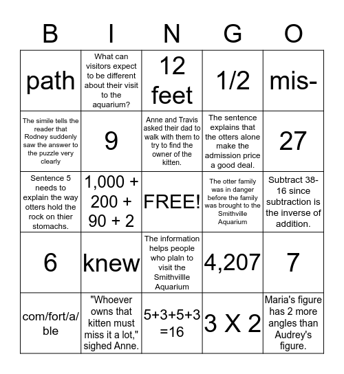 Third Grade Common Assessment  Bingo Card