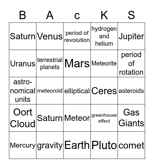 Chapter 4: The Solar System Bingo Card