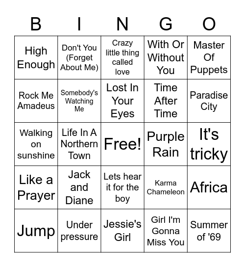 Big 1980s Music Bingo Card