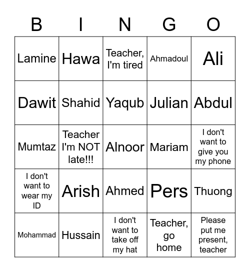 NSC Bingo Card