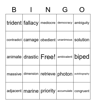 Vocabulary Bingo Card