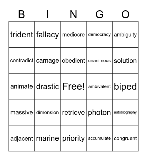 Vocabulary Bingo Card