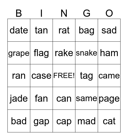 Short a               and               Long a      Bingo Card