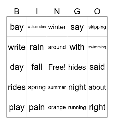 First Grade Bingo Card
