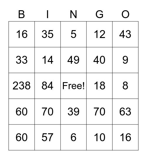 Math Facts Bingo Card